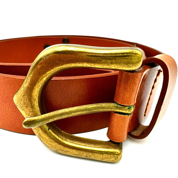 Women's Large Brown Leather Belt Gold Buckle Embellished Metal Camels Vintage - Picture 2 of 7